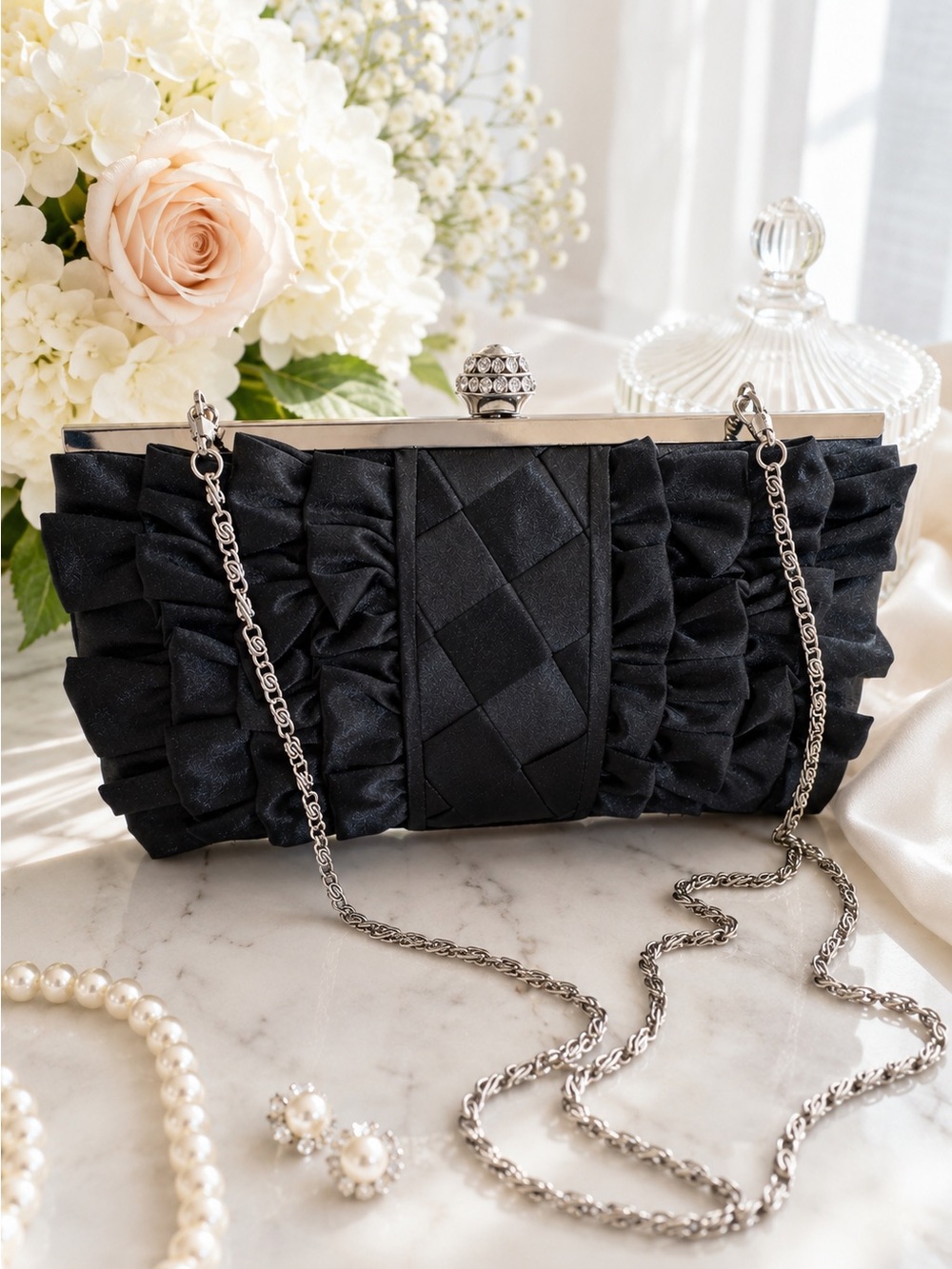 Black Satin Evening Clutch Rhinestone Kiss Lck Chain Strap Formal Cocktail Purse